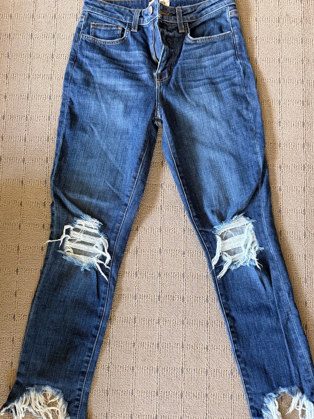 L'AGENCE Distressed Dark Blue Skinny Jeans with Frayed Hems